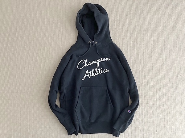即決 別注品 復刻 青タグ Champion REVERSE WEAVE プルオーバー パーカー Mサイズ ワイドシルエット 黒 チェーン ステッチ 刺繍