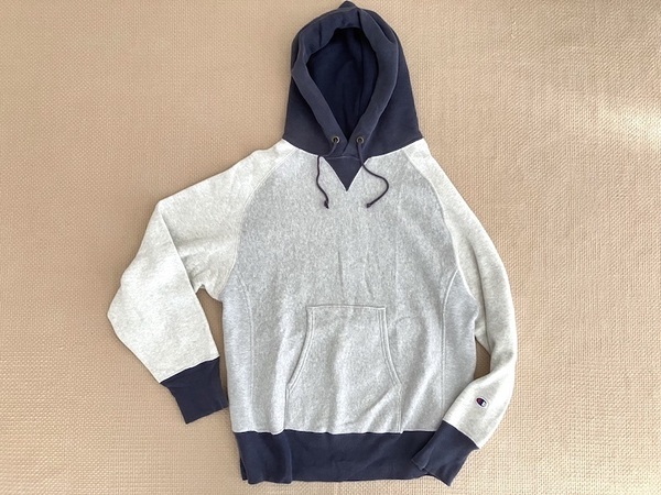 即決 別注品 復刻 青タグ Lサイズ Champion REVERSE WEAVE クレイジーパターン フリーダムスリーブ プルオーバー パーカー ネイビー グレー