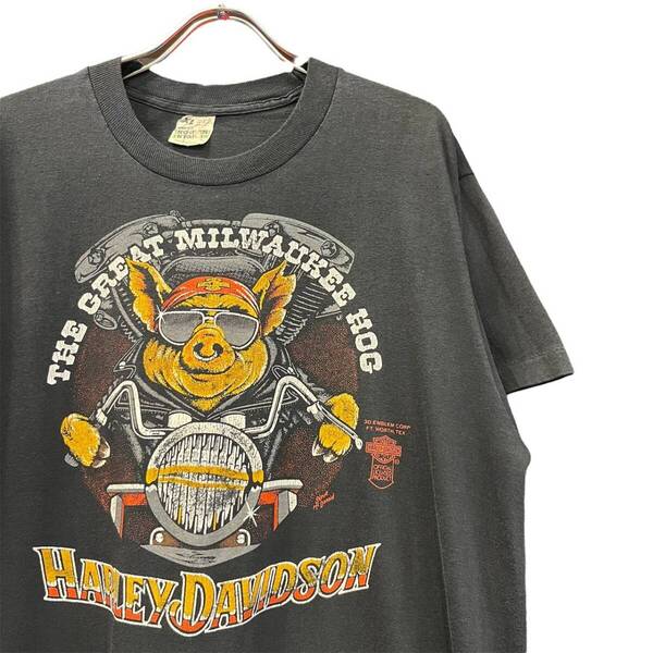 80s ビンテージ ハーレーダビッドソン ブタ 両面プリント Tシャツ XL ブラック USA製 80年代 ヴィンテージ アメリカ製 Harley-Davidson 豚