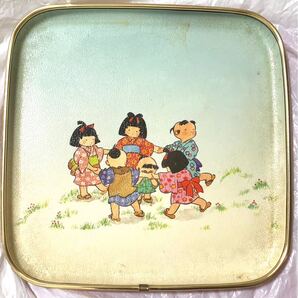 子供の絵 お盆 昭和レトロ トレイ アンティーク レア 来客用 日本絵 インテリア 和食器 和製 骨董品 匿名配送 送料無料
