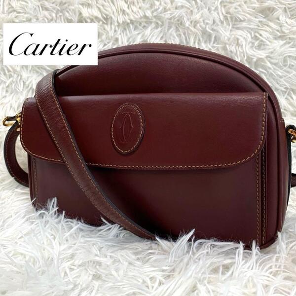 Cartier【マストライン◆2way ショルダーバッグ/サコッシュ/ クロスボディ】レザー/本革 ボルドー ロゴ 肩掛け 金具 レディース カルティエ