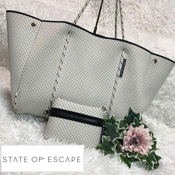 STATE OF ESCAPE【ポーチ付き/トートバッグ】ネオプレーン 洗える(洗濯可) 肩掛け 白 大容量 A4〇 レディース ステートオブエスケープ
