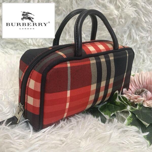 美品◆BURBERRY LONDON【レザーハンドル付き/ノバチェック◆ミニ ハンドバッグ/ポーチ】アクセサリー コスメ 自立 化粧 バーバリーロンドン