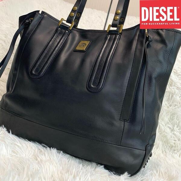 DIESEL【本革:レザー/ブレイブマン◆トートバッグ:ハンド】大容量 A4&PC収納可 メンズ ビジネス ロゴ プレート 肩掛け 黒 ディーゼル