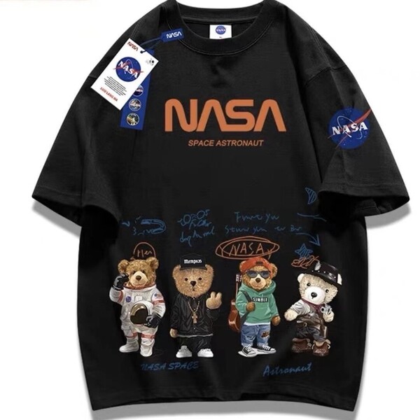 新品 NASA 宇宙飛行士 宇宙 半袖Tシャツ Tシャツ レディース コットン 綿 激かわ ベアー ナサ 未使用 ブラック 黒 メンズ 男女兼用