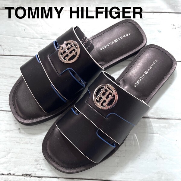 高級 レザー TOMMY HILFIGER トミーヒルフィガー 新品 ビーチサンダル ブランド サンダル ブラック ロゴ プレート レディース サマー 夏