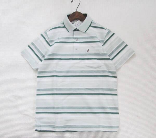 未使用 タグ付き ☆ Hush Puppies ハッシュパピー ☆ メンズ サイズ S ☆ 吸水速乾 半袖ポロシャツ ボーダー ☆ グリーン×白系