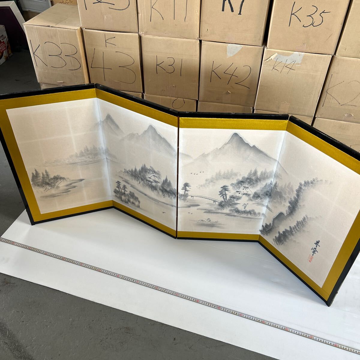 【アンティーク】昭和レトロ 御肉筆屏風 風景画 書 6枚 パーテーション 衝立 屏風 衝立 パーテーション アンティーク 間仕切り ヴィンテージ