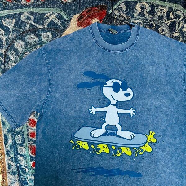 協力飛行 スヌーピー ウォッシュ リプリント Tシャツ 半袖 メンズ 新品 ウッドストック スヌーピー ティーシャツ ダメージ加工 男性 ブルー