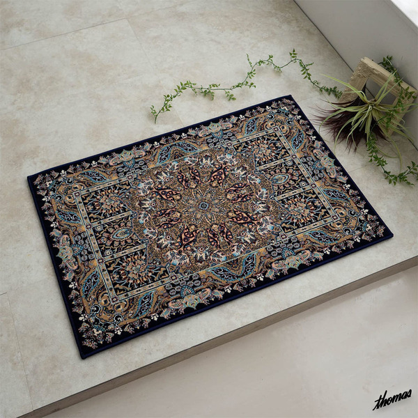 ◆メダリオン柄×ヘシティー柄◆ 玄関マット 60×90cm 高密度120万ノット ペルシャ絨毯風 インテリア 新生活 模様替え ネイビー