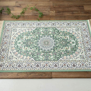 ◆ペルシャ絨毯のようなデザイン◆ 玄関マット 67×105cm モケット織 オールシーズン 掃除がしやすい 模様替え 薄型 グリーン
