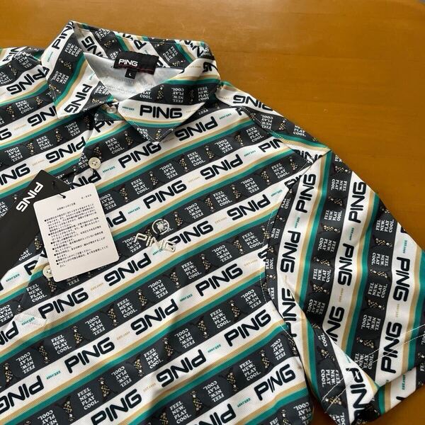 Lサイズ 新品 PING GOLF ピン ゴルフ バイアスプリントロゴ柄 半袖ポロシャツ ターコイズ