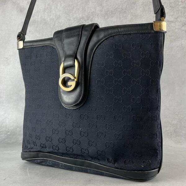 GUCCI ワンショルダーバッグ キャンバス ggレザー ブラック 金具 グッチ ワンハンド ゴールド金具 デカロゴ ロック オールド 肩掛け