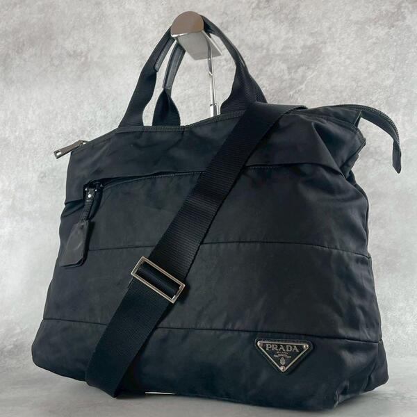 美品 PRADA ショルダーバッグ 2way A4 PC ビジネス ハンド 黒 肩掛け 斜めがけ プラダ ブラック ネロ ポコノ 鞄 かばん bag 白タグ 大容量