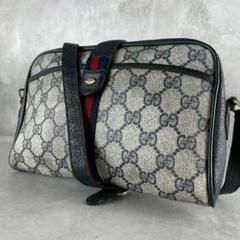 GUCCI ショルダーバッグ シェリーライン ポシェット gg PVC インターロッキング金具 ネイビーグレー グッチ レザー 肩掛け 斜めがけ
