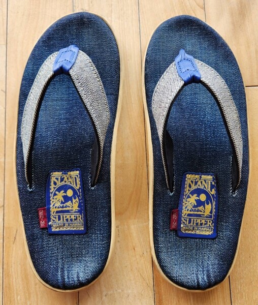 【ISLAND SLIPPER アイランドスリッパ】 希少 デニム/ DENIME 鼻緒の1部に紺色レザー サイズ9 27.0㎝