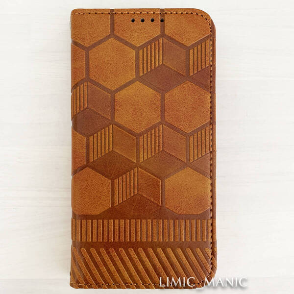 iPhone 14 / 13 ケース 手帳型 ブラウン 茶 茶色 ハチの巣模様 亀甲 ハニカム模様 六角形 アイフォン アイホン