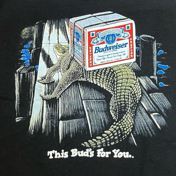 Budweiser バドワイザー ビールTシャツ ワニ 爬虫類 両面プリント 企業物 90s セール 黒 動物 beer USA y2k 製 ヴィンテージ ビアマグ SALE