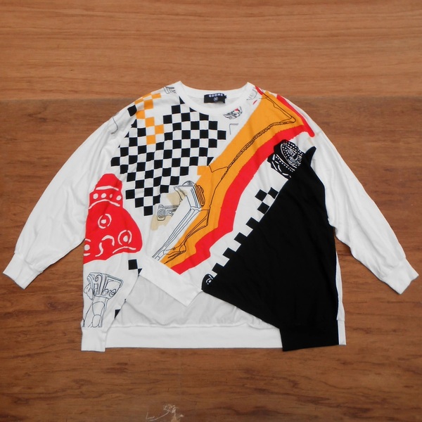 良好 GOMME HOMME ゴムオム M 白x黒 ビッグシルエット 長袖 Tシャツ DOGUプリント アシンメトリー切り替えデザイン 土偶 ワイズ Y's ヨウジ