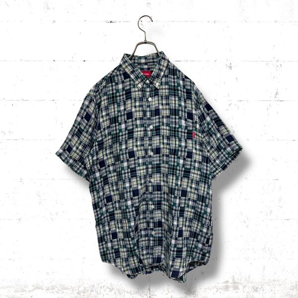 SUPREME パッチワークデザイン 半袖 ボタンダウン シャツ シュプリーム Lサイズ 緑色 グリーン チェック柄 コットン