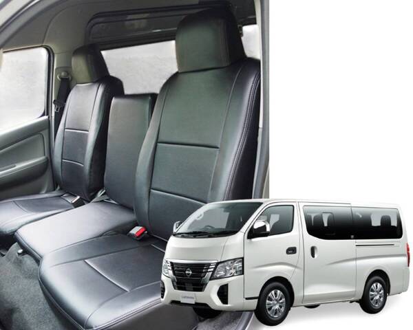 フロント レザー シートカバー 日産 E26 NV350キャラバン バンDX ヘッドレスト一体型 PVCレザー ブラック 難燃 防水 抗菌 防臭/ 151-30 NE*