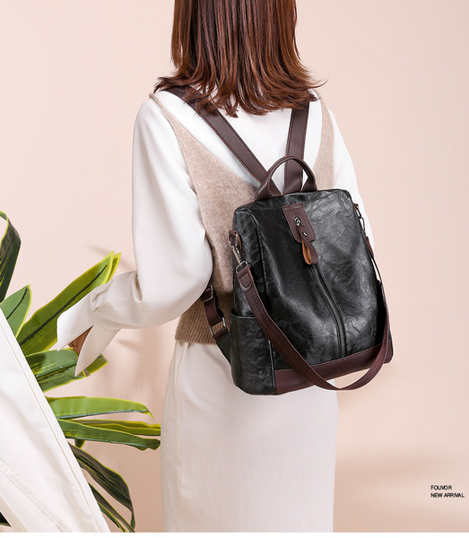 【在庫処分】 3Way レディース リュック ショルダー紐付き PUレザー おしゃれ 可愛い 背面 ファスナー ポケット ブラック 黒 174