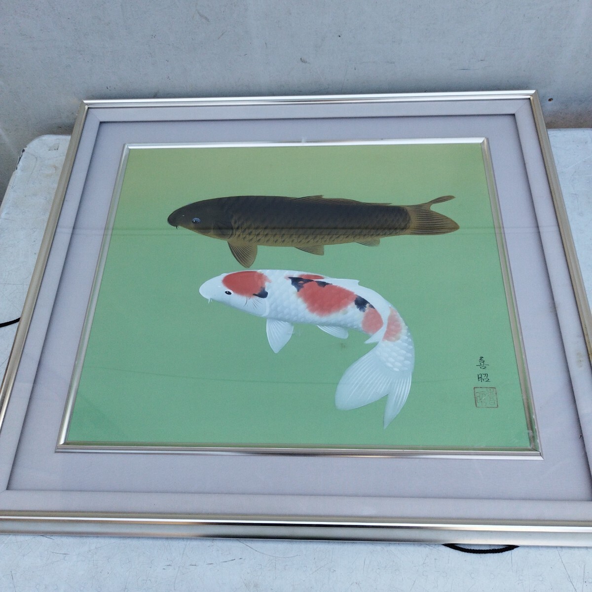F10 肉筆水彩日本画 『錦鯉』 高級木製額縁付属 外寸約713×638mm Yahoo!オークション -「鯉」(日本画) (絵画)の落札相場・落札価格