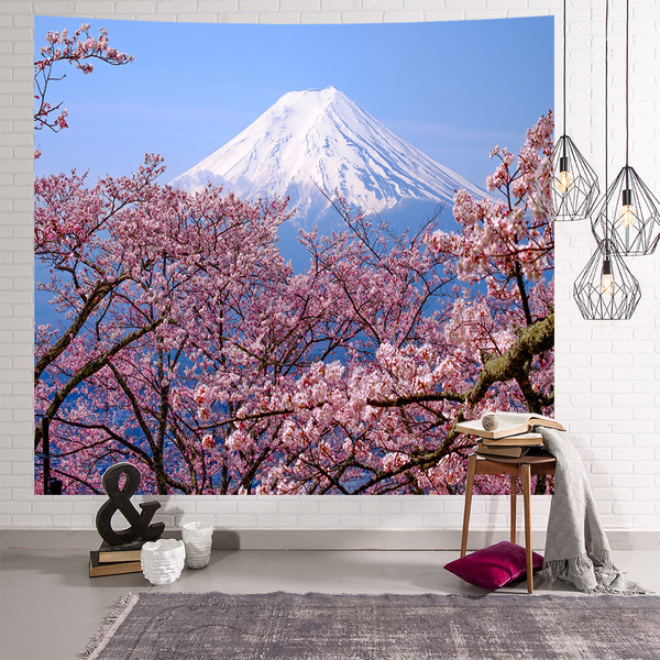 タペストリー 壁飾り 壁掛け装飾布 布ポスター 部屋飾り 背景布 インテリア カーテン 桜から望む富士山の絵柄 150x130cm