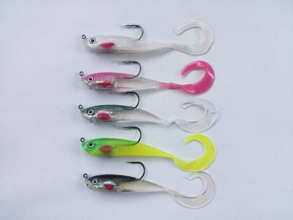 スイムベイト + ジグヘッド やわらか素材 5個セット 12cm 16g ブラックバス シーバス カーリーテール グラブ ヒラメ