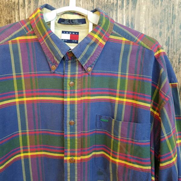 中古 アメリカ古着 TOMMY HILFIGER トミーヒルフィガー 長袖シャツ メンズ XL LL 青 ブルー チェック ビンテージ カジュアル 送料無料