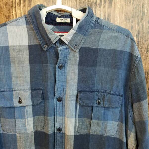 中古 アメリカ古着 Tommy Hilfiger トミー ヒルフィガー 長袖シャツ メンズ Lサイズ相当 濃紺色 ネイビーブルー ビンテージ カジュアル