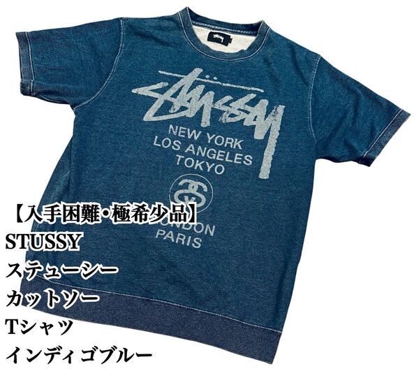 【入手困難】STUSSY インディゴブルー Tシャツ S ステューシー 極希少品 大人気 完売 廃盤 ストリート フェード有 スケート 希少デザイン
