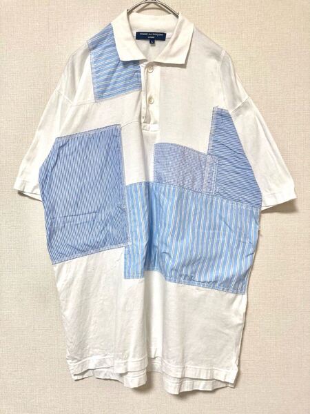 コムデギャルソンオム COMME des GARCONS HOMME パッチワーク ストライプ チェック ポロシャツ ドッキング 切り替え コラージュ L