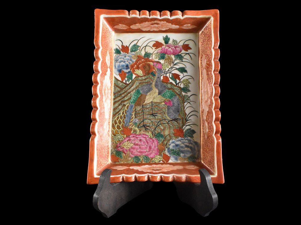 古九谷 中皿 角福 手描き 鷲風景文 口紅あり 江戸骨董 古美術