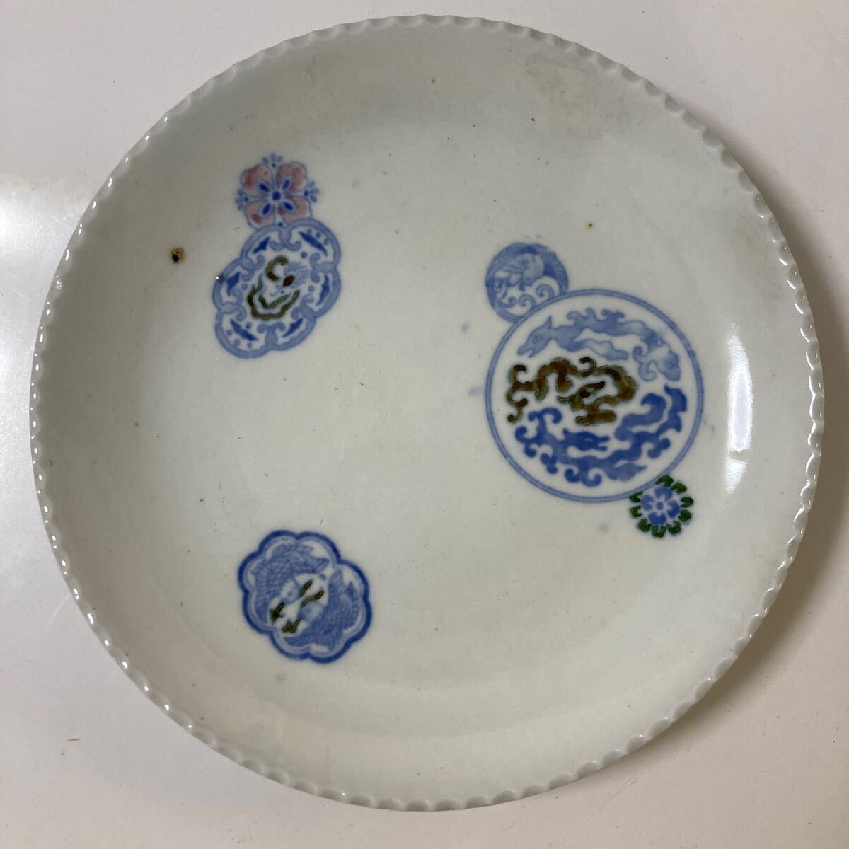 伊万里 染付 印判 鳳凰に龍図 7寸皿