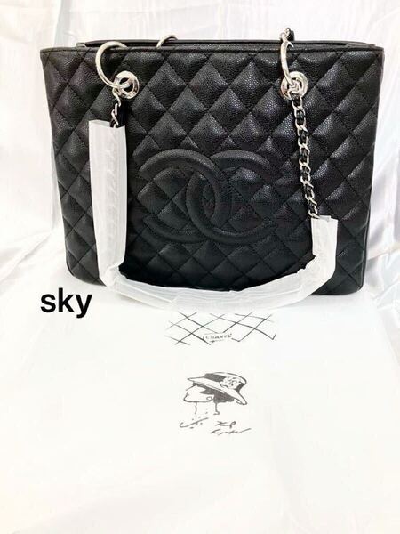 希少新品 CHANEL シャネル ノベルティ トートバッグ ブラック シルバーチェーン キャビアスキン 大きめ ココマーク ショルダー