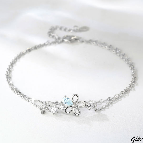 【涼やかブルーのアクアマリン二連ブレスレット】 3月誕生石ブレスレット アクアマリン 花モチーフ 金属アレルギー対応 プレゼント