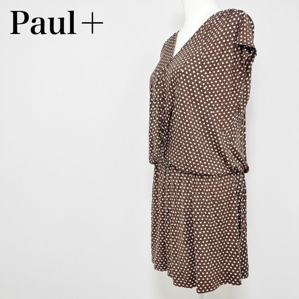 ◇ Paul+ Paul Smith ポールスミス ワンピース ミニ丈 半袖 サイズ 40 L レディース 水玉 ドット 茶色 ブラウン 白 ホワイト