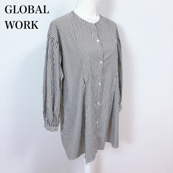 〇 GLOBAL WORK グローバルワーク ブラウス シャツ チュニック ストライプ 長袖 サイズ F 茶 ブラウン 白 ホワイト レディース