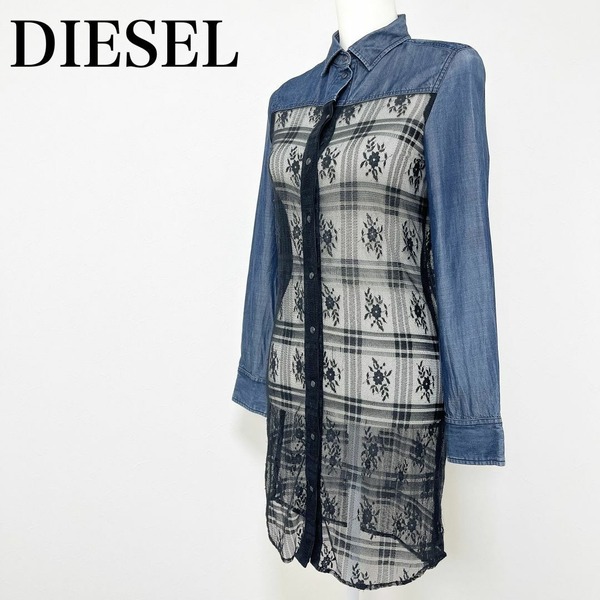 ◇ DIESEL ディーゼル シャツ ワンピース 花柄 レース デニム サイズ XS 黒 ブラック 紺 ネイビー レディース
