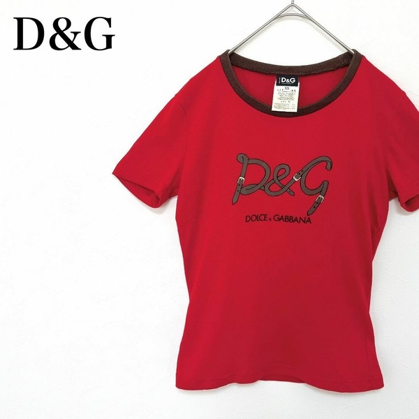 ◇ DOLCE&GABBANA ドルチェアンドガッバーナ ロゴ トップス 半袖 Tシャツ XS イタリア製 赤 レッド 茶 ブラウン 綿 コットン レディース