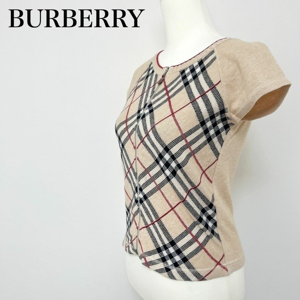 ◇ BURBERRY LONDON BLUE LABEL バーバリーロンドン 薄手ニット チャック 半袖 サイズ M ノバチェック カーディガン 綿 コットン