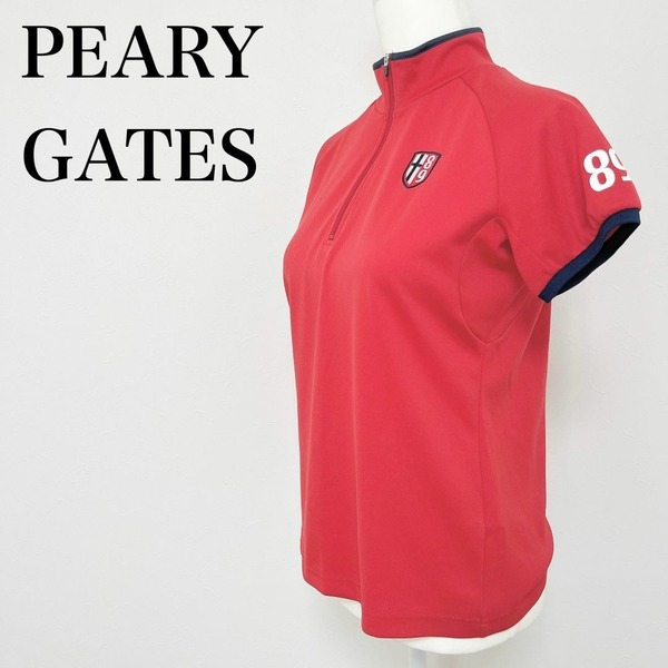 ◇ PEARLY GATES パーリーゲイツトップス ポロシャツ 半袖 サイズ 1 M ロゴ 日本製 赤 レッド 紺色 ネイビー 白 ホワイト