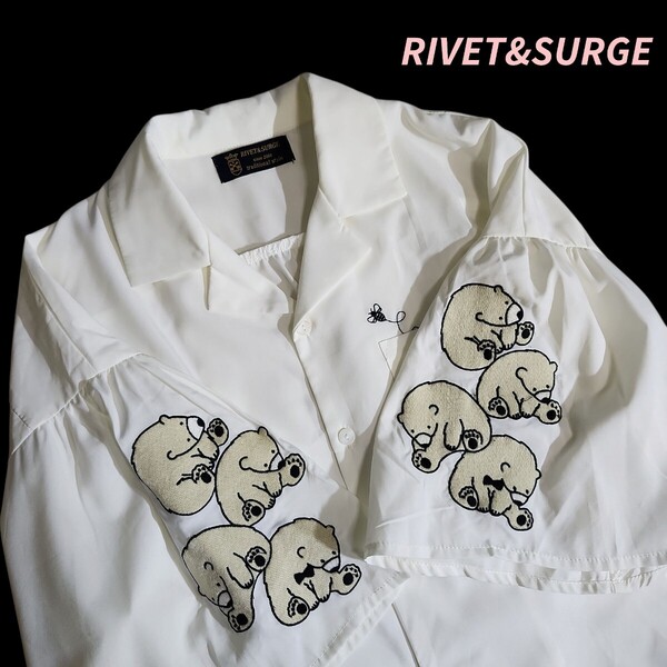 RIVET&SURGE クマ刺繍 ベルスリーブ 五分袖ポリシャツ フリーサイズ オフホワイト 熊 アニマル動物 ドロップショルダー 68759