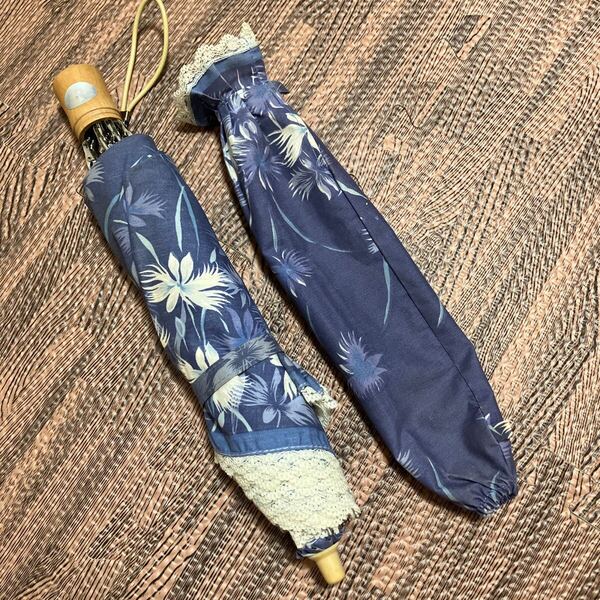 ☆日傘 折りたたみ傘 レース 花 パープルブルー系