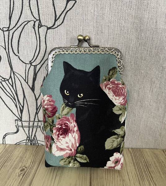 縦型がま口 / ポーチ / 小物入れ / タバコケース / ハンドメイド ☆ 黒猫&薔薇・スモークグリーン・39