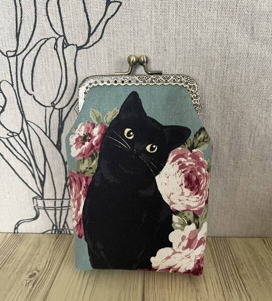縦型がま口 / ポーチ / 小物入れ / タバコケース / ハンドメイド ☆ 黒猫&薔薇・スモークグリーン・38