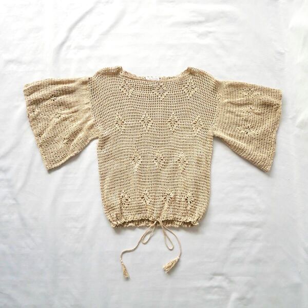80s hand crochet beige tops 80年代 ベージュ 鍵編み クロシェ ベルスリーブトップス 半袖 レース vintage ヴィンテージ 古着