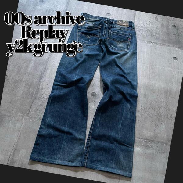 y2kグランジ Replay フレア ダメージデニムパンツ フェード 髭 00s