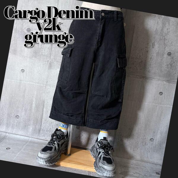 y2k opium black denim cargo half pants
